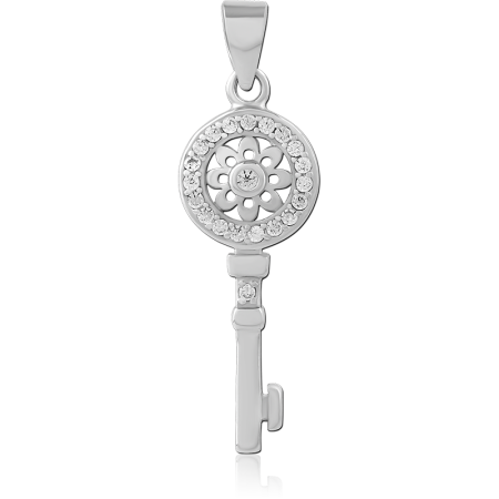 STERLING SILVER 925 PENDANT JEWELED ROUND KEY WITH ROSETTE CENTER