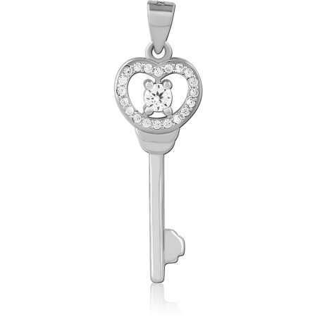 STERLING SILVER 925 PENDANT JEWELED HEART KEY WITH CENTER STONE