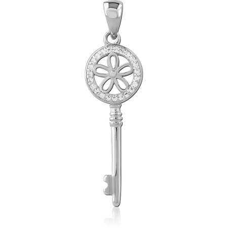 STERLING SILVER 925 PENDANT JEWELED ROUND KEY WITH PETAL CUTOUT CENTER