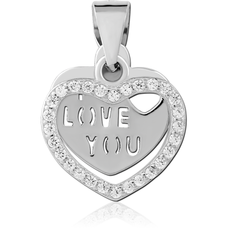 STERLING SILVER 925 PENDANT JEWELED OPEN HEART WITH I LOVE YOU