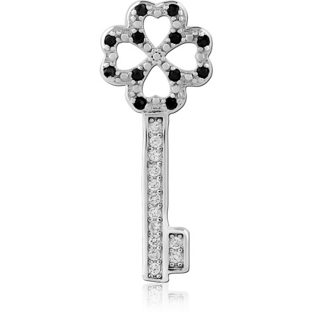 STERLING SILVER 925 PENDANT JEWELED CLOVER HEART KEY WITH BLACK AND CLEAR STONES