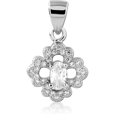 RHODIUM PLATED STERLING SILVER 925 PENDANT QUATREFOIL HALO OVAL CENTER GEM