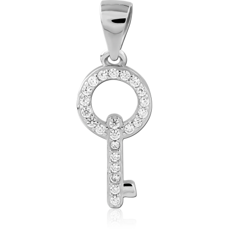RHODIUM PLATED STERLING SILVER 925 PENDANT KEY OUTLINE CLEAR PAVE