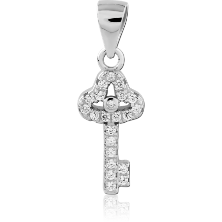 RHODIUM PLATED STERLING SILVER 925 PENDANT HEART KEY CLEAR PAVE
