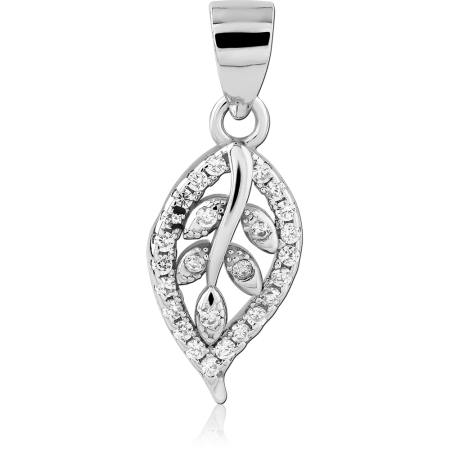 RHODIUM PLATED STERLING SILVER 925 PENDANT LEAF OPENWORK PAVE CLEAR GEMS