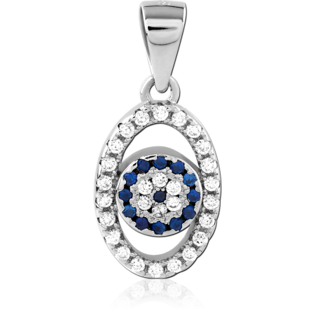 RHODIUM PLATED STERLING SILVER 925 PENDANT OVAL HALO BLUE AND CLEAR GEMS