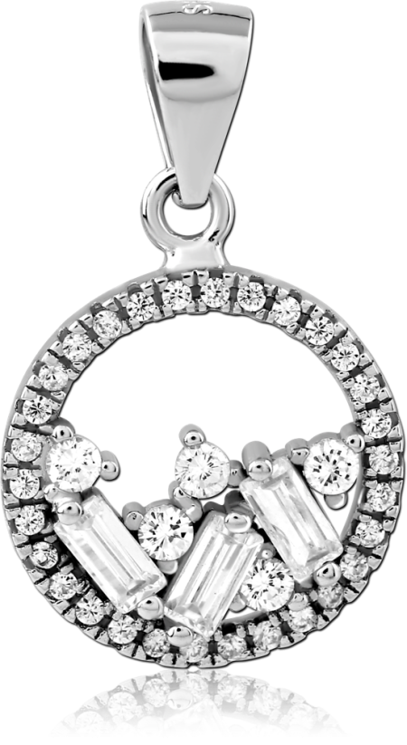 RHODIUM PLATED STERLING SILVER 925 PENDANT OPEN CIRCLE HALO BAGUETTE AND ROUND GEMS