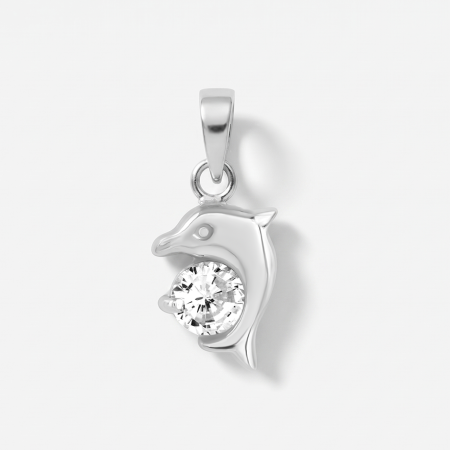 STERLING SILVER 925 PENDANT LEFT FACING DOLPHIN WITH SINGLE ROUND GEM