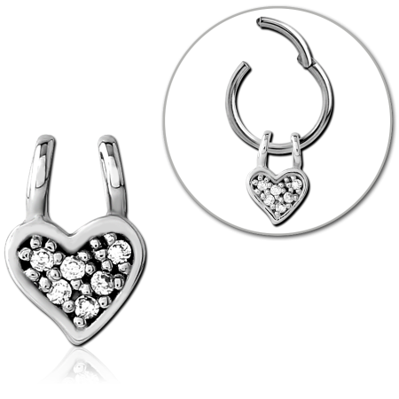 SURGICAL STEEL SLIDING CHARM HEART PAVE CLEAR GEM CLUSTER DOUBLE LOOP