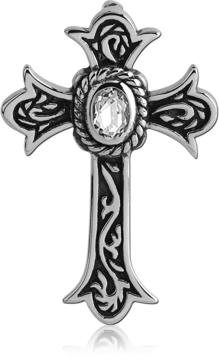 316L SURGICAL STEEL PENDANT ORNATE CROSS WITH OVAL GEM AND BLACK ACCENTS