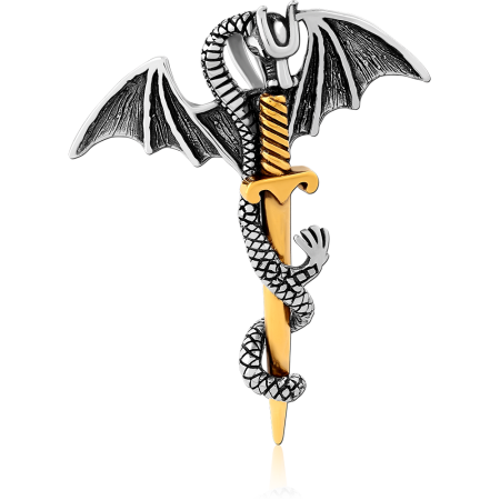 316L SURGICAL STEEL PENDANT WINGED DRAGON WRAPPED AROUND SWORD WITH TEXTURED SCALES