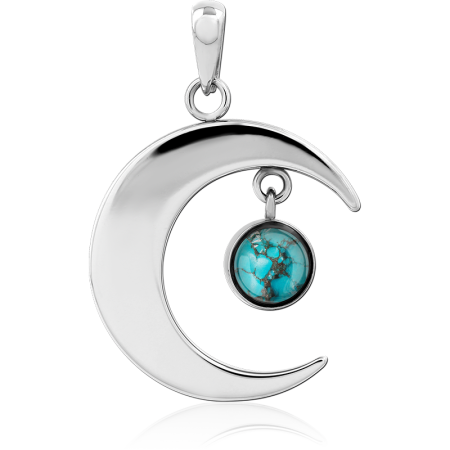 316L SURGICAL STEEL PENDANT CRESCENT MOON WITH DANGLING TURQUOISE CHARM CERAMIC INLAY