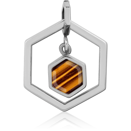 316L SURGICAL STEEL PENDANT OPEN HEXAGON WITH HEXAGONAL TIGER CERAMIC INLAY