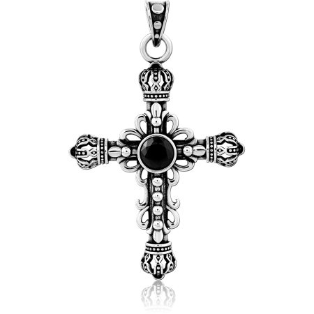 316L SURGICAL STEEL PENDANT ORNATE DETAILED CROSS WITH BLACK STONE CENTER