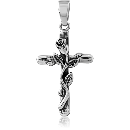 316L SURGICAL STEEL PENDANT CROSS WITH ROSE VINE