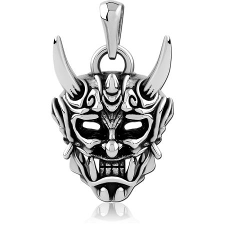316L SURGICAL STEEL PENDANT HORNED DEMON MASK CARVED DETAIL OXIDIZED FINISH
