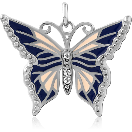 316L SURGICAL STEEL PENDANT BUTTERFLY BLUE ENAMEL WITH CLEAR GEM ACCENTS