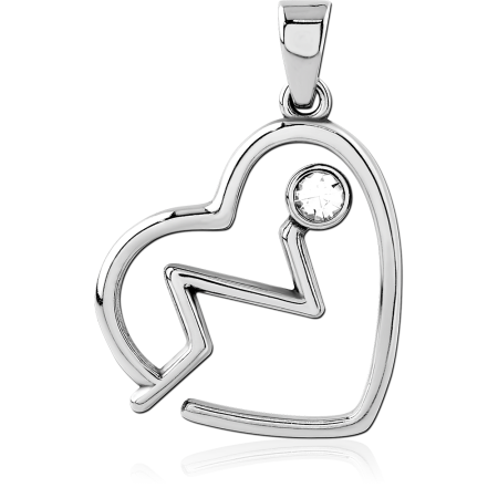 316L SURGICAL STEEL PENDANT HEART OUTLINE HEARTBEAT WITH CLEAR GEM ACCENT