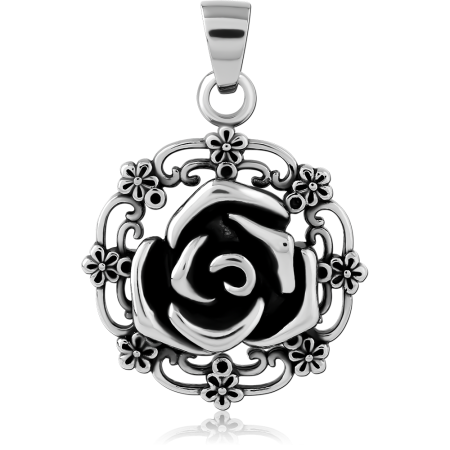 316L SURGICAL STEEL PENDANT ROSE WITH FLORAL FILIGREE FRAME AND FLOWER ACCENTS