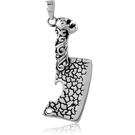 316L SURGICAL STEEL PENDANT BUTCHER CLEAVER WITH TEXTURED BLADE AND ORNATE HANDLE