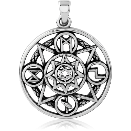 316L SURGICAL STEEL PENDANT CIRCULAR TALISMAN WITH STAR AND RUNE SYMBOLS