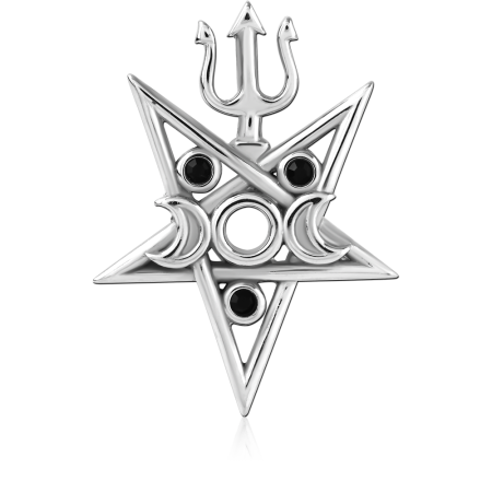 316L SURGICAL STEEL PENDANT PENTAGRAM TRIDENT WITH TRIPLE MOON AND BLACK ACCENTS