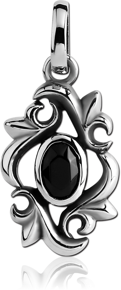 316L SURGICAL STEEL PENDANT ORNATE SCROLL WITH BLACK OVAL GEM