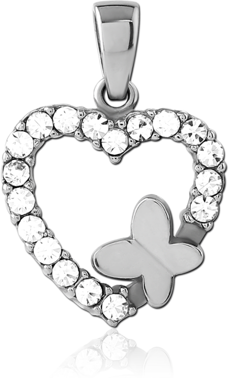 316L SURGICAL STEEL PENDANT JEWELED OPEN HEART WITH BUTTERFLY CHARM