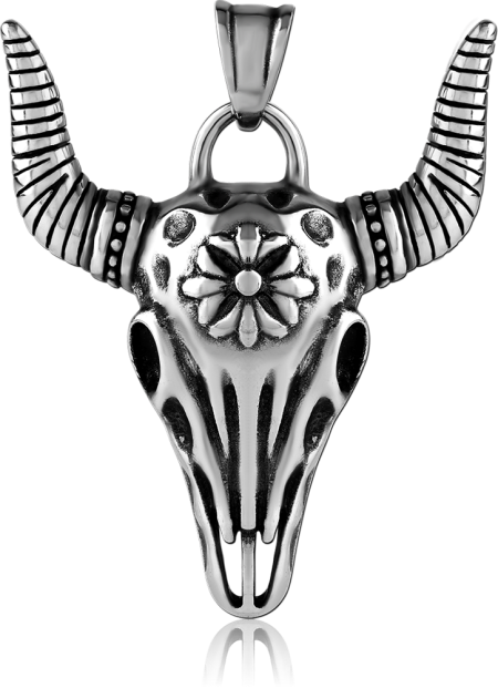 316L SURGICAL STEEL PENDANT BUFFALO SKULL WITH HORNS AND FLORAL CENTER DETAIL