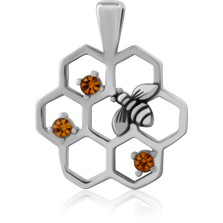 316L SURGICAL STEEL PENDANT HONEYCOMB WITH BEE AND THREE ORANGE GEMS