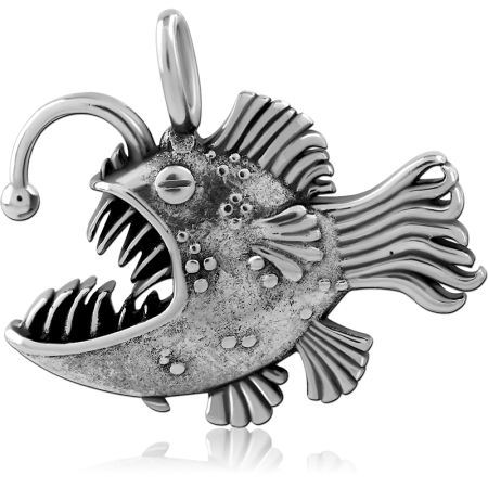 316L SURGICAL STEEL PENDANT ANGLERFISH WITH LURE OPEN MOUTH AND FINNED DETAILS