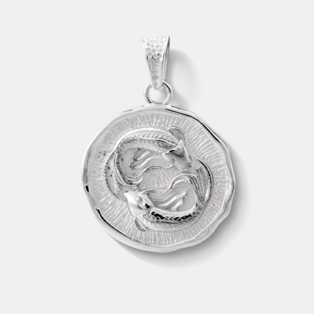 STERLING SILVER 925 PENDANT ZODIAC PISCES DOUBLE SIDED TEXTURED COIN MEDALLION