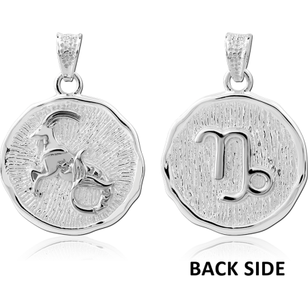 STERLING SILVER 925 PENDANT CAPRICORN ZODIAC ROUND DOUBLE SIDED TEXTURED MEDALLION