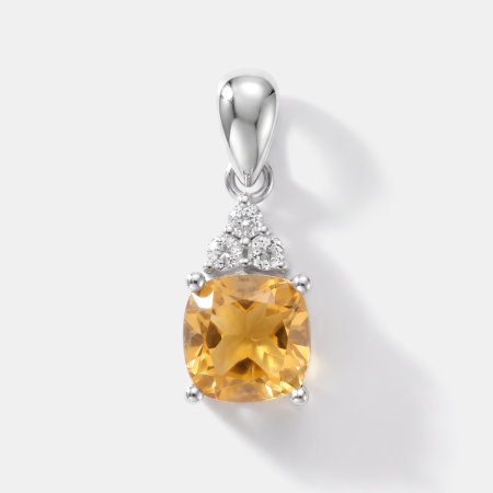 STERLING SILVER 925 PENDANT CUSHION YELLOW GEM WITH TRIO CLEAR ACCENT GEMS