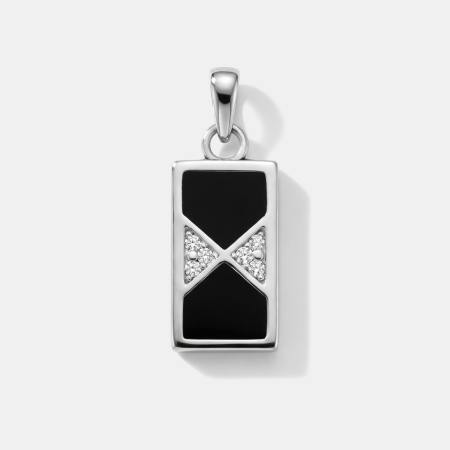 STERLING SILVER 925 PENDANT RECTANGLE BLACK INLAY WITH CLEAR GEM TRIANGLE CENTER