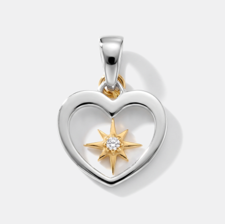 STERLING SILVER 925 PENDANT OPEN HEART WITH GOLD TONE STAR AND CLEAR GEM