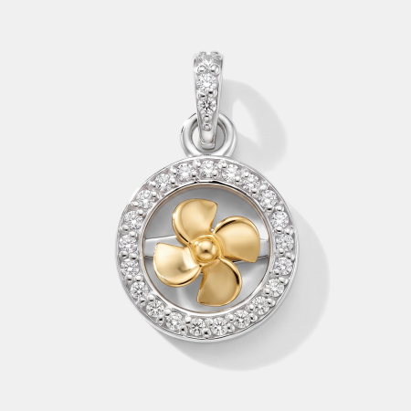 STERLING SILVER 925 PENDANT ROUND HALO WITH GOLD TONE FLOWER AND CLEAR GEMS