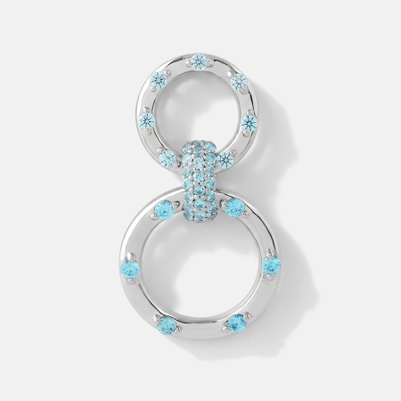 STERLING SILVER 925 PENDANT DOUBLE CIRCLE WITH AQUA BLUE GEMS AND PAVE CONNECTOR