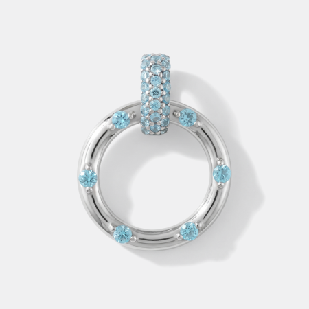 STERLING SILVER 925 PENDANT CIRCLE WITH AQUA BLUE GEMS AND PAVE BAIL