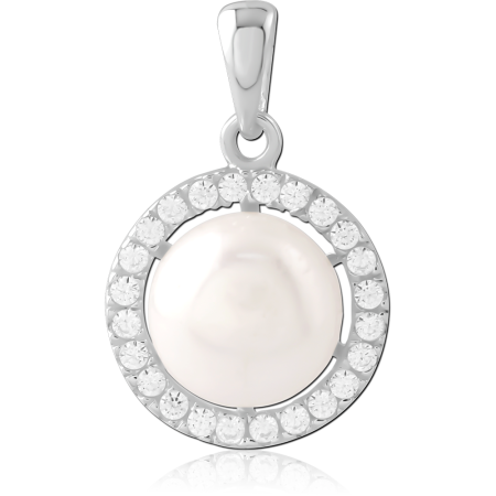 STERLING SILVER 925 PENDANT PEARL CENTER WITH GEM HALO