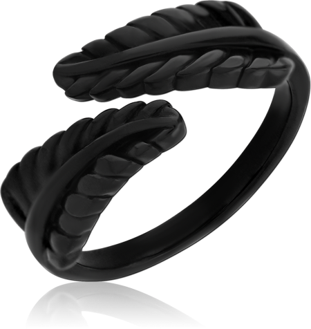 BLACK PVD COATED SURGICAL STEEL RING DOUBLE FEATHER WRAP OPEN BAND