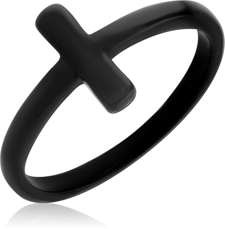 BLACK PVD COATED SURGICAL STEEL RING SIMPLE CROSS TOP BAND