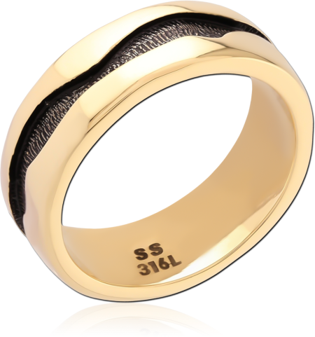 GOLD PVD 18K COATED SURGICAL STEEL RING WAVY BLACK GROOVE BAND