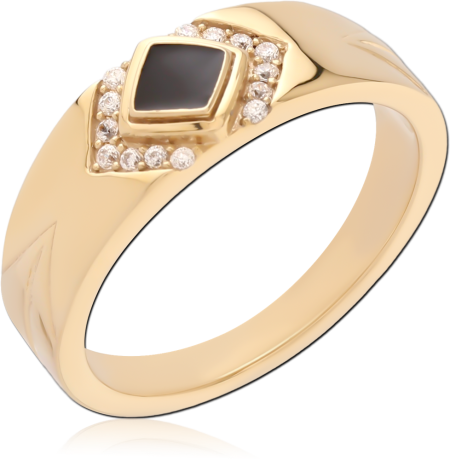 GOLD PVD 18K COATED SURGICAL STEEL RING BLACK CENTER STONE WITH CLEAR GEM HALO