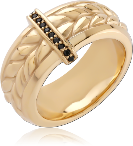 GOLD PVD 18K COATED SURGICAL STEEL RING BRAIDED BAND WITH BLACK GEMS