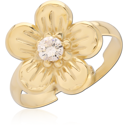 GOLD PVD 18K COATED 316L SURGICAL STEEL RING FIVE PETAL FLOWER CENTER GEM
