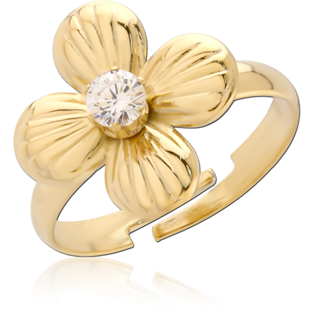 GOLD PVD 18K COATED 316L SURGICAL STEEL RING FOUR PETAL FLOWER CENTER GEM