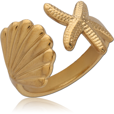 316L GOLD PVD 18K COATED SURGICAL STEEL RING SHELL AND STARFISH OPEN BAND