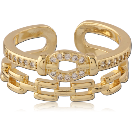 316L GOLD PVD 18K COATED SURGICAL STEEL RING DOUBLE BAND CHAIN LINK CLEAR GEMS