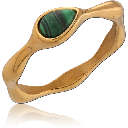 316L GOLD PVD 18K COATED SURGICAL STEEL RING WAVY BAND TEARDROP GREEN STONE